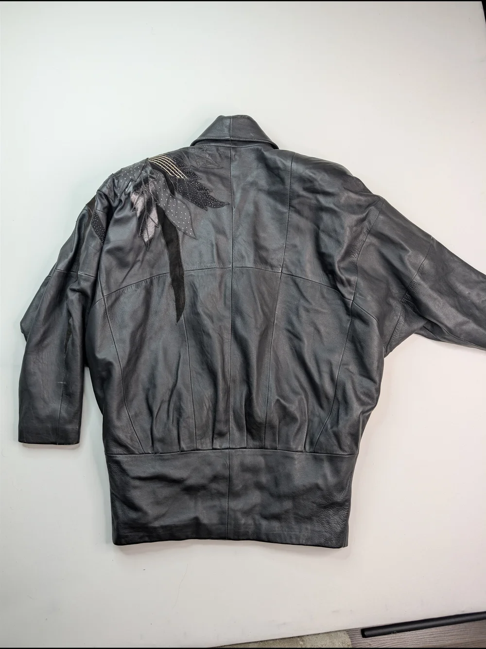 Vintage Black Women's Leather Button-Front Jacket with Embellished Shoulder - Picture 7 of 8